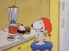 a cartoon character sitting on a stool in front of a counter with ice cream and chocolate cake