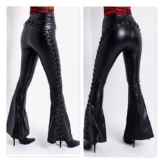 Flare Pants Are Made From A Vegan Leather, And Feature Laced Up Sides, A High Rise Waist, And A Classic Zipper And Button Enclosure. Style These With Vibrant Red Heel And Graphic Rock N Roll Top For Rocker Chic Look. 100% Pu 44" Length 33" Waist 30 1/2" Inseam 000043088 Leather Vampire, Edgy Stretch Wide Leg Leather Pants, Fitted Punk Pants For Fall, Punk Style Wide Leg Bottoms For Party, Fitted Faux Leather Edgy Bottoms, Punk Style Faux Leather Pants For Party, Fitted Leather Club Pants, Punk Style High Waist Fitted Leather Pants, Fitted Punk Leather Bottoms