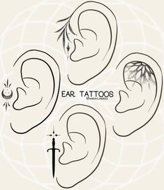 ear tattoo designs with bamboo leaves and an arrow on the back of each ear, in black ink