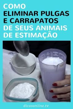 a person pouring something into a blender with the words como eliminar pulase e carapaos de seus animales de estimacao