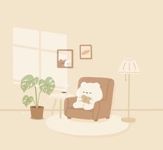 a teddy bear sitting in a chair next to a potted plant and a lamp