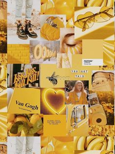 a collage of yellow and white images with words, pictures, and other things