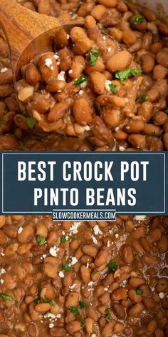 A wooden spoon holding pinto beans in a crock pot. Crockpot Pinto Beans Recipe, Crock Pot Pinto Beans, Southern Pinto Beans Recipe, Beans Recipe Crockpot, Pinto Beans Recipe, Dry Beans Recipe, Beans In Crockpot, Pinto Bean Recipes, Slow Cooker Beans