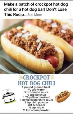 two hot dogs on buns with toppings and an ad for crockpot