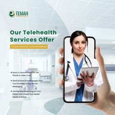 a person holding up a tablet with the text our telehealth services offer