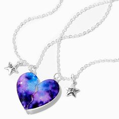 Your friendship with your bestie is out of this world! Share that bond in matching style with this pair of best friends necklaces. You can each wear one-half of a galaxy-inspired heart, decorated with starry glitter, plus a dainty BFF star charm. Pack Size: 2 Finish: Silver-tone Length: 16" + 3" extender Closure: Lobster clasp Material: Metal - Claire's Best Friends Galaxy Split Heart Pendant Necklaces (2 Pack) Trendy Friendship Necklace For Valentine's Day, Best Friends Necklaces, Bff Jewelry, Pretty Jewelry Necklaces, Bff Necklaces, Friend Jewelry, Best Friend Jewelry, Best Friend Necklaces, Friendship Jewelry