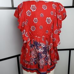 Nwt Vintage America Delfina Vneck, Butterfly Sleeve,Flowy Red Festival Blouse. Beautiful Self Covered Round Buttons Down Front Boho Chic At Its Finest !! Size Medium Red Peasant Top For Beach In Spring, Red Peasant Top For Spring Beach Days, Flowy Red Blouse For Vacation, Fitted Red Peasant Top For Spring, Bohemian Red Peasant Top For Summer, Red Floral Print Peasant Top For Summer, Flowy Red Top For Vacation, Red Flowy Top For Vacation, Flowy Red Summer Blouse