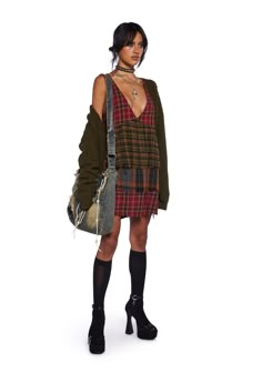 Current Mood Grunge Tiered Mixed Plaid Raw Hem Babydoll Dress - Multi – Dolls Kill Fall Babydoll Dress, Bohemian Dresses For Fall Layering, Plaid V-neck Winter Dress, Winter Plaid V-neck Dress, Fall Plaid V-neck Dress, Plaid Bohemian Dresses For Fall, Bohemian Plaid Dress For Fall, Bohemian Plaid Fall Dresses, Mood Grunge