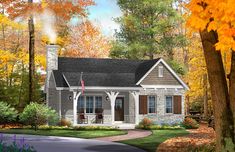 this is an artist's rendering of a small house in the woods with autumn foliage