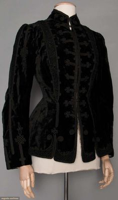 Lady's Black Velvet Jacket, C. 1890, Fitted long jacket w/ soutache braid trim Victorian Jacket, Black Velvet Blouse, Augusta Auctions, Black Velvet Jacket, Mode Abaya, Velvet Blouses