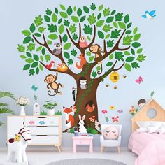 a child's room with a tree and monkeys on it