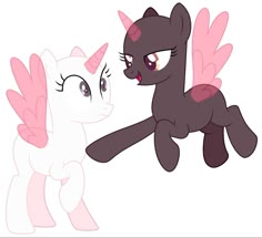 two little ponys are facing each other with pink wings on their ears and tails