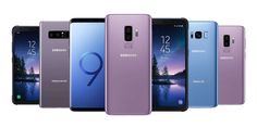 five samsung phones in different colors and sizes, all with the same logo on them