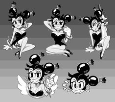 some black and white cartoon characters doing different poses