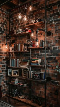 20 Bookshelves Ideas for a Fresh and Stylish Look Bookshelves On Brick Wall, Creative Bookshelves Modern, Rustic Shelving Ideas, Bookshelves Metal, Industrial Moodboard, Diy Industrial Bookshelf, Best Bookshelves, Homemade Bookshelves, Bookshelves Aesthetic