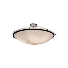 a ceiling light with a white glass shade on it's center piece and black trim around the edge