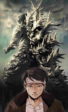 an anime character standing in front of a giant monster with his head turned to the side