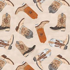 Cowboy Boots Cotton Fabric, 3585-30 from Western Baby Boho Collection by Erica Billups for Blank Quilting Fabrics This cool print features a toss of lots of different cowboy boots, all done in fantastic style! This would be great for a Cowboy Nursery or Western Themed Baby shower! This pattern has a 5 inch repeat. The collection:  Giddy up cowboys and cowgirls and take a gander at the Western Boho Baby collection. Put on your best cowboy boots and hat before saddling up. Make sure your horseshoes are all settled in before your horse takes you on a stroll. Bring out the lasso to capture an escaping cow and bring it back to the herd. It is time to dig in your spurs and get quilting with this group! Cuts will be continuous if multiples are ordered. Machine wash in cold water with like colors Cowboy Boot Pattern, Tan Cowboy Boots, Best Cowboy Boots, Boot Pattern, Baby Cowboy Boots, Cowboy Nursery, Western Quilts, Americana Aesthetic, Cowgirl Nursery