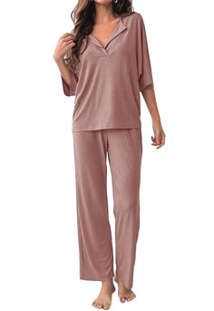 PRICES MAY VARY. COZY FABRIC: 28% Rayon+65% Polyester+7% Spandex, lightweight, comfy, and stretchy ribbed knit fabric. This Pajamas sets with soft elastic and loose designs fits for any body size TRENDY DESIGN: 2 Piece Pajama Sets for Women/Lounge Sets for Women/3/4 Sleeve Tops for Women/Wide Leg Pants for Women/Matching Sets for Women/Loungewear Sets for Women/Pants Sets for Women/Summer Clothes Sets for Women/Ribbed Outfits for Women/Going Out Outfits for Women CHIC DETAILS: This Lounge sets f Cheap Matching Set Bottoms For Loungewear, Cheap Yellow Sleepwear For Loungewear, Affordable Crop Top For Loungewear, Cheap Women's Loungewear Bodysuit, Cheap Women's Loungewear Pant Set, Cheap Loungewear Bottoms With Side Pockets, Cheap Loungewear Short Leg Pants, Affordable Stretch Bodysuit For Loungewear, Cheap Feminine Tank Top For Loungewear