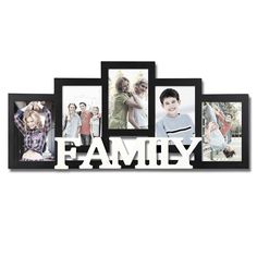 a family photo frame with four photos hanging on it's sides and the word family spelled