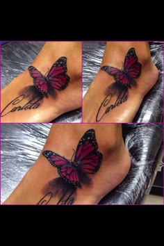 a woman's foot with a butterfly tattoo on it