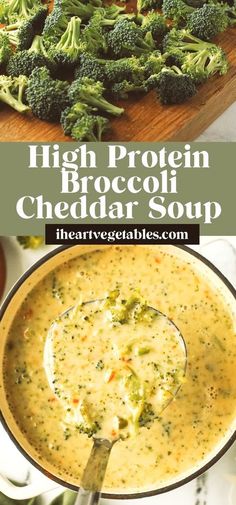 broccoli and cheese soup in a pot with a spoon