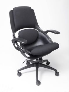 an office chair with black leather upholstered on the back and armrests