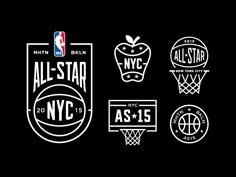 the all - star logos are shown in black and white, including an apple, basketball hoop