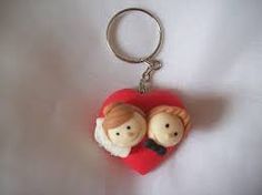 a keychain shaped like a heart with two people on it