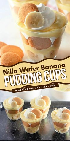 A no bake dessert recipe to satisfy your sweet tooth! This banana Nilla Wafer dessert is a delicious, simple sweet treat that's made with vanilla pudding, bananas, whipped cream, and Nilla Wafer cookies. Save these mini banana pudding cups for later! Summer Desserts In A Cup, Mini Treats Deserts, Cupped Desserts, Pies In A Cup, Individual Dessert Cups For Party, Snacks For Party Ideas, Banana Pudding In Cups, No Bake Desserts Cups, Small Dessert Cup Ideas