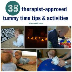 a collage of photos with babys and candles in the background text reads 35 therapy - approved tummy time tips & activities