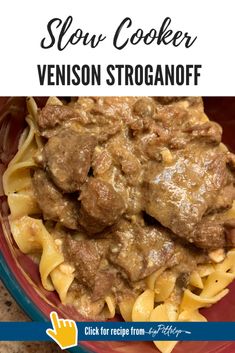 slow cooker venison stroganooffi recipe on a red plate