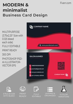 modern and minimalist business card design with red, black and gray colors on the front