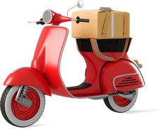 a red scooter with a brown box on it's back and seat