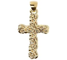 Fashion and faith go hand in hand with this intricately woven Byzantine design cross pendant. From BellaOro. Byzantine Design, Byzantine Cross, Hand In Hand, Micro Pave, Cross Pendant, Pendant Jewelry, Yellow Gold, Pendant, Gold