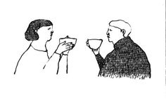 two people drinking coffee and talking to each other, one is holding a cup in his hand