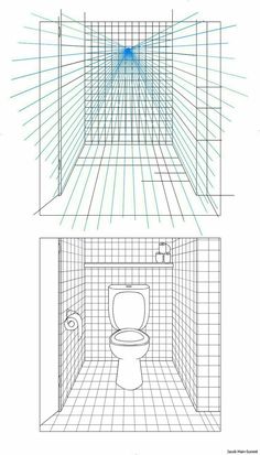 two views of a toilet in a room with blue lines on the walls and floor