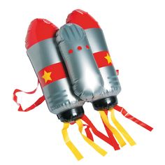 two inflatable boxing gloves are tied to red and yellow ribbons on white background