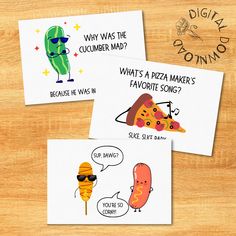 three postcards with funny food illustrations on them