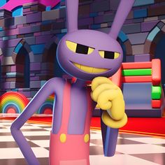 a cartoon character is standing in front of a colorful wall and checkerboard floor