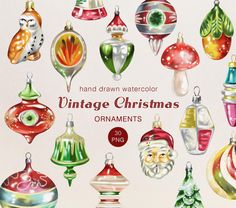 an assortment of hand drawn christmas ornaments on a white background with the words vintage christmas ornaments in red, green and blue