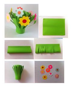 paper flowers are arranged in different stages of making the flower bouquet out of green tissue