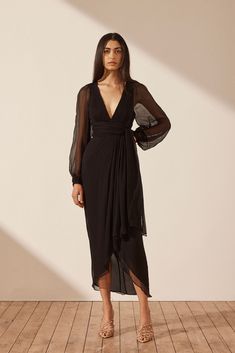 Isola Plunged Long Sleeve Midi Dress | Black | Dresses | Shona Joy – Shona Joy International Dresses Long Elegant, Mocha Dress, Black Long Sleeve Midi Dress, Long Fall Dresses, Black Party Dress, Long Slip Dress, Shona Joy, Midi Dress Black, Black Party Dresses