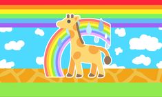 a giraffe standing in front of a rainbow with clouds and trees behind it