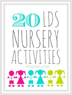 the words 20 kids's nursery activities are shown in blue, pink and green