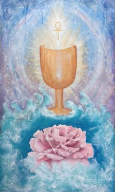 a painting of a chalice with a rose in front of it