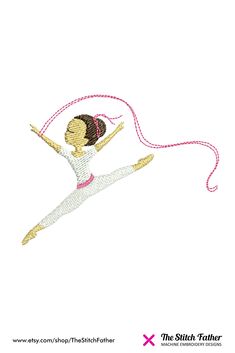 a girl is flying through the air with a pink ribbon in her hand and wearing a white shirt