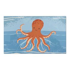 an orange octopus swimming in the ocean with blue water and bubbles on it's back