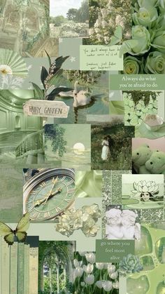 a collage of green and white images with flowers, trees, plants, and words