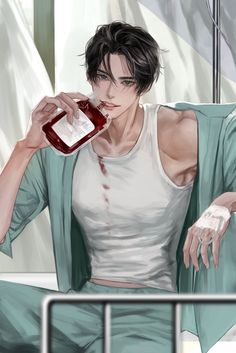 a man sitting on a bed drinking from a bottle with blood all over his body